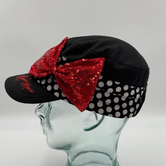 Disney Parks Minnie Mouse Hat Black White Polka Dot Cap Strapback Red Sequin Bow - Picture 2 of 9